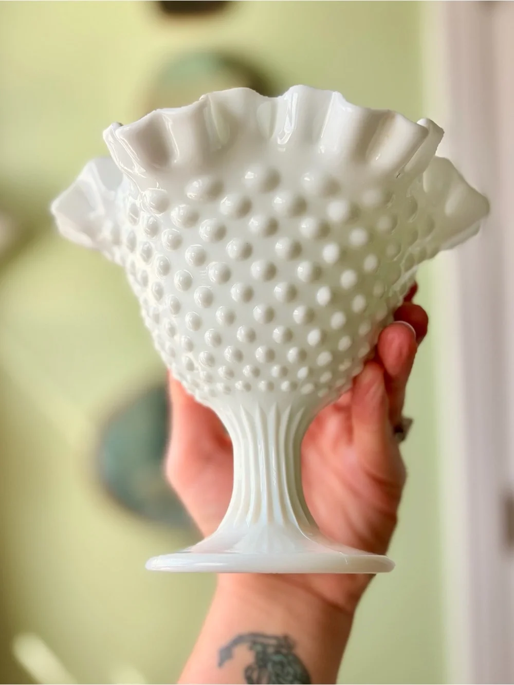 Elegant White Hobnail Milk Glass Compote Vintage Textured Vase